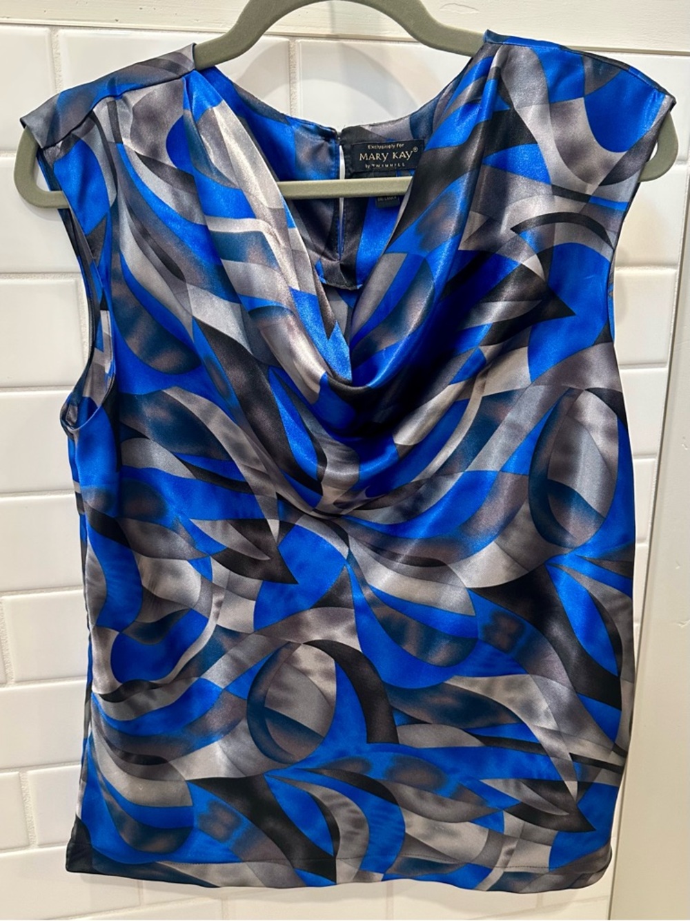 Twinhill Abstract Cowl Neck Blouse | Blue & Grey Geometric Top | size M